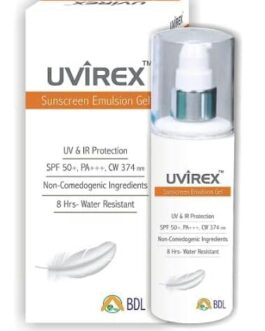 UVIREX Emulsion Sunscreen Gel SPF 50+ PA+++ | 8-Hour Water-Resistant Broad Spectrum Sun Protection | Non-Comedogenic & Oil-Free | Suitable for All Skin Types | 50gm