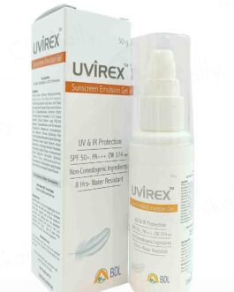 UVIREX Emulsion Sunscreen Gel SPF 50+ PA+++ | 8-Hour Water-Resistant Broad Spectrum Sun Protection | Non-Comedogenic & Oil-Free | Suitable for All Skin Types | 50gm